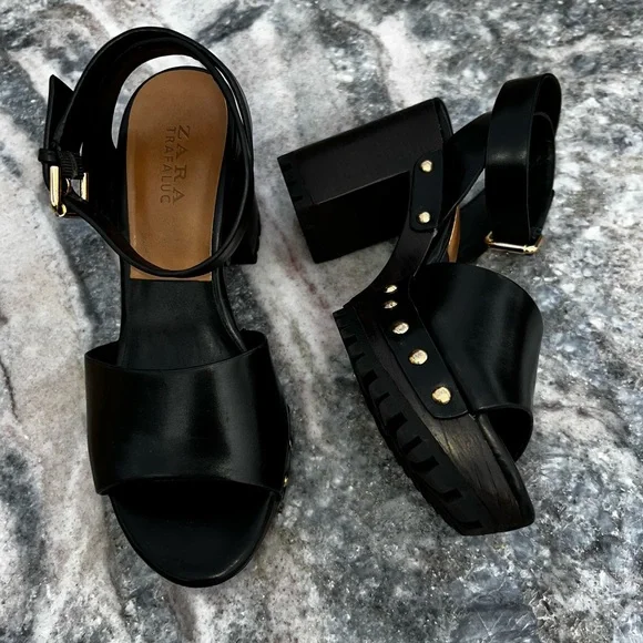 ZARA Anklestrap Wooden Clogs Black LEATHER SANDALS with Studs Size 38 - Picture 5 of 11